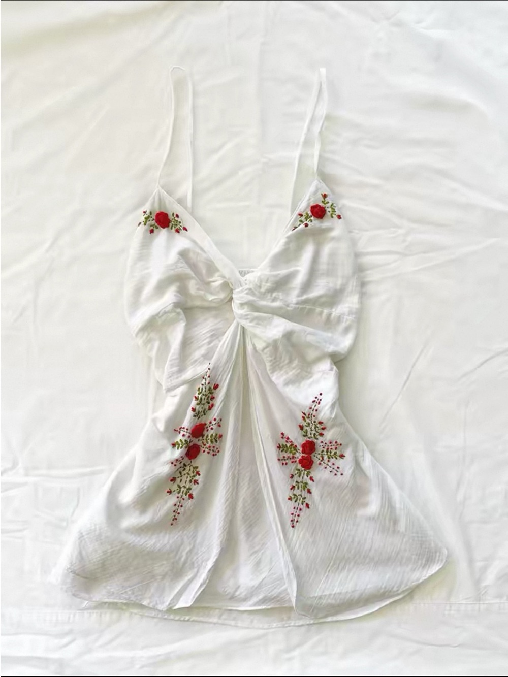 White Floral Embroidered Tie-Front Cami Top